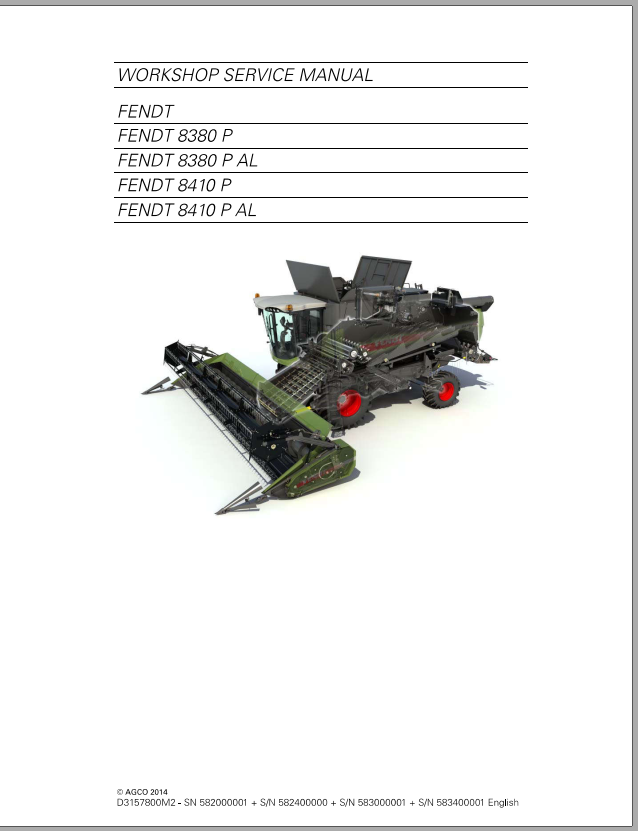 Fendt Eu Harvesting 8380P 8410P T4FCombines Workshop Servicemanual 2014 S 1