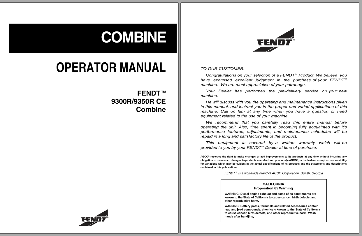 Fendt Eu Harvesting 9300r 9350R Ce Combine Operator ManualEn 1