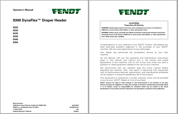 Fendt Eu Harvesting 9325 9330 9335 9340 9345 9350 Dyna Flex Draper Header Operator Man 1
