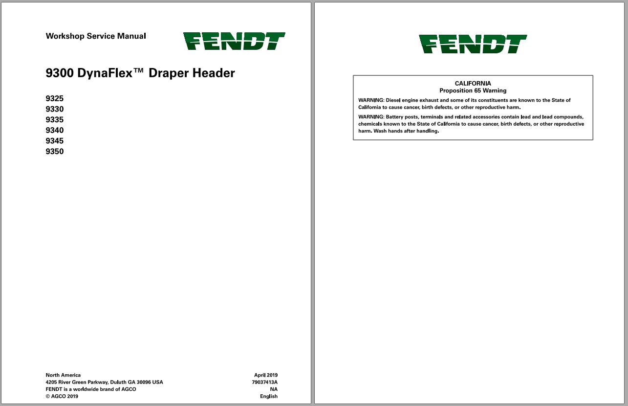 Fendt Eu Harvesting 9325 9350 Dyna Flex Draper Header Workshop Service Manual 2