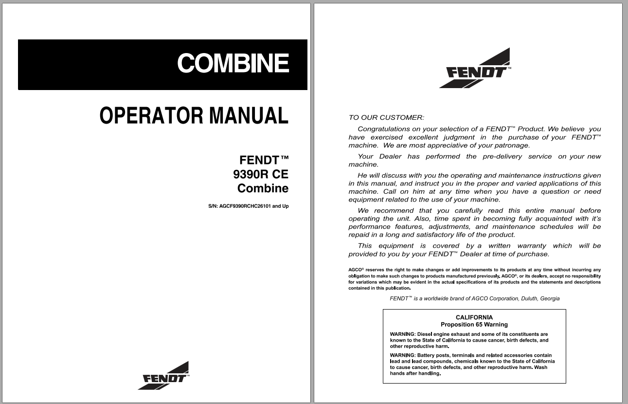 Fendt Eu Harvesting 9390R Ce Combine Operator ManualEn 1