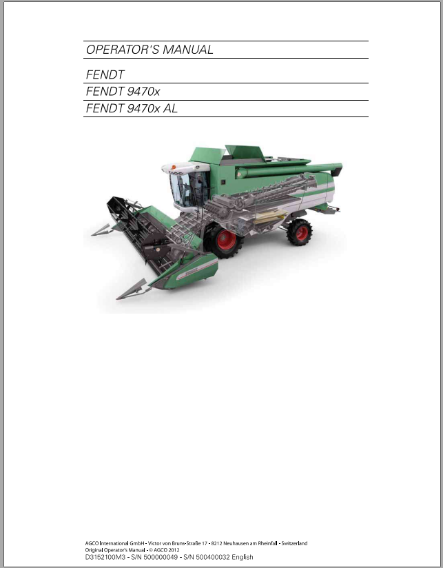 Fendt Eu Harvesting 9470X Hybrid Stage 3BCombines Operators Manual S 1