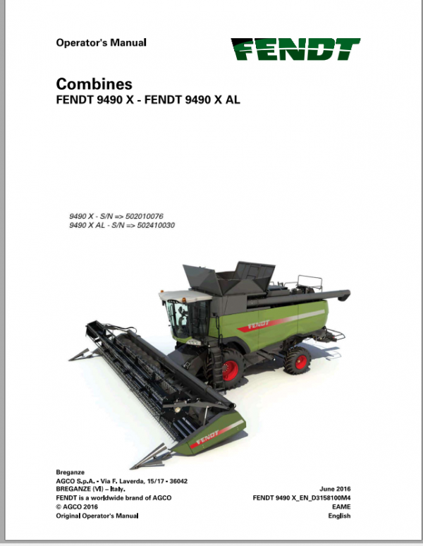 Fendt Eu Harvesting 9490X 9490X Al Combine Operators Manual 2016 D31581M4 1