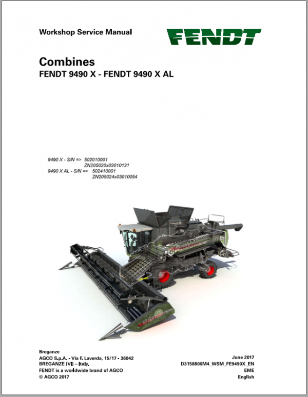 Fendt Eu Harvesting 9490X Combines Workshop Service Manual 2017 D31588M4 2