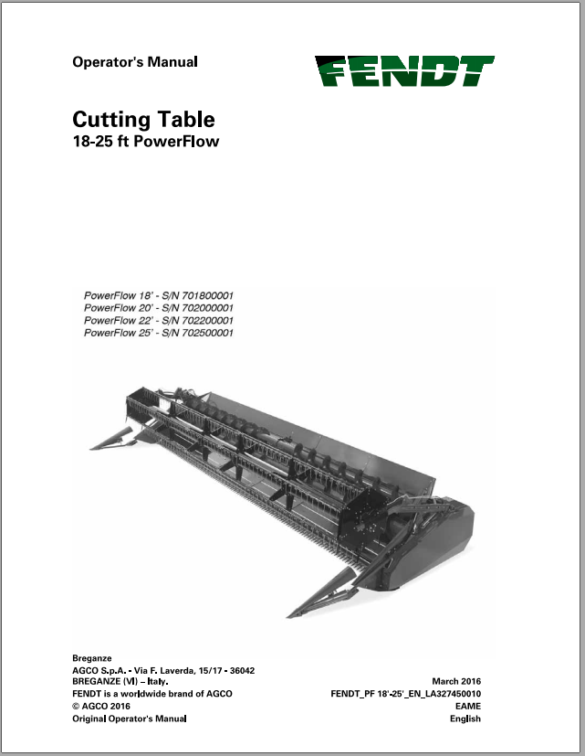 Fendt Eu Harvesting PowerFlow 18 25 Cutting Table Operators Manual 2016 3274500F 1