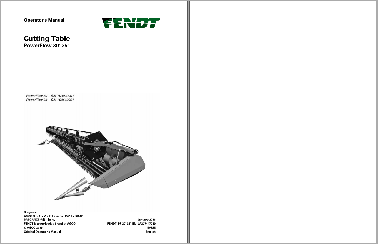 Fendt Eu Harvesting PowerFlow 30 35 Cutting Table Operators Manual 2016 3274470F 1