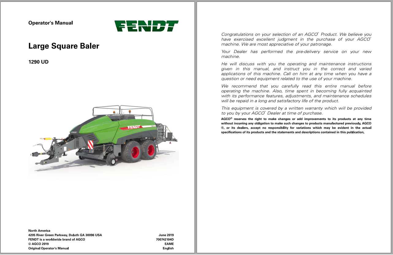 Fendt Eu Hay Equipment 1290 Ultra Hd Large Square Baler ce Operator Manual 2