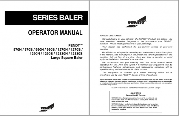 Fendt Eu Hay Equipment 870 990 1270 1290 12130 Big Square Baler Operator Manual 1