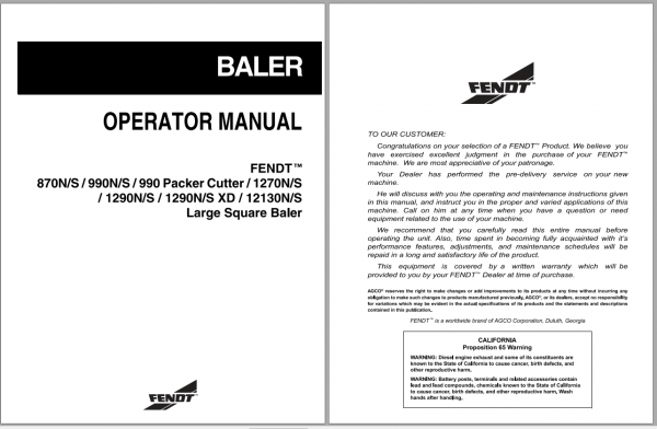 Fendt Eu Hay Equipment 990 Packer Cutter 1290NS XD Big Square Baler Operator Manual 1