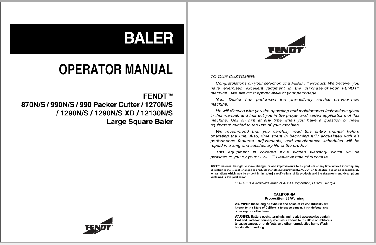 Fendt Eu Hay Equipment 990 Packer Cutter 1290NS XD Big Square Baler Operator Manual 1