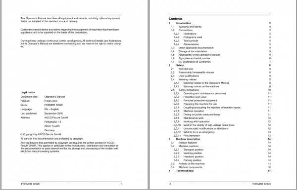 Fendt Eu Hay Equipment Former 12545 Operators Manual 2016 Fel16917804 EN 2