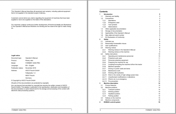 Fendt Eu Hay Equipment Former 12545PRO Operators Manual 2016 Fel16917904 EN 2