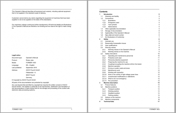 Fendt Eu Hay Equipment Former 1603 Operators Manual 2016 Fel16875604 EN 2