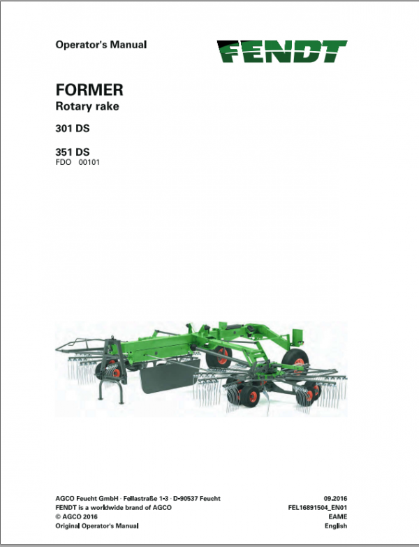 Fendt Eu Hay Equipment Former 301DS 351DS Operators Manual 2016 Fel16891504 EN 1