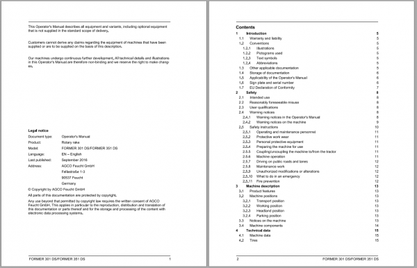 Fendt Eu Hay Equipment Former 301DS 351DS Operators Manual 2016 Fel16891504 EN 2