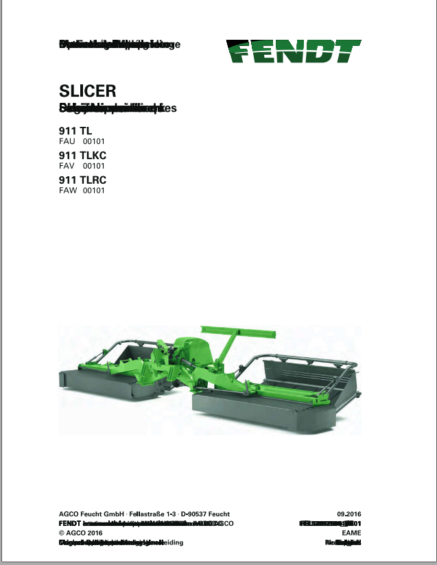 Fendt Eu Hay Equipment Slicer 911TL 911TLKC 911TLRC Operators Manual 2016 Fel12872504 1