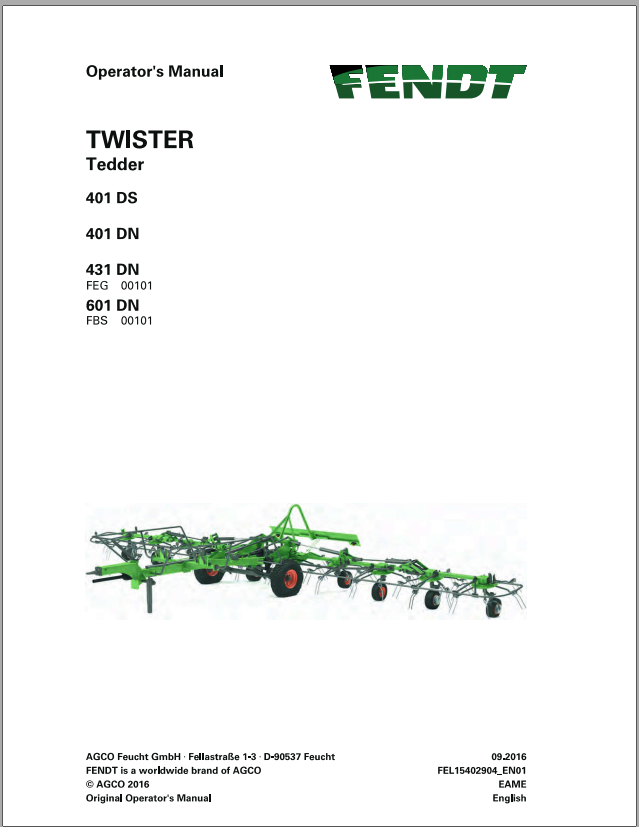 Fendt Eu Hay Equipment Twister 401DS 401DN 431DN 601DN Operators Manual 2016 Fel15 1