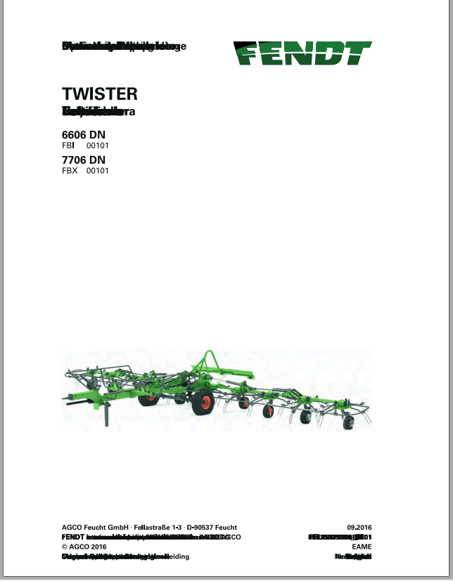 Fendt Eu Hay Equipment Twister 6606DN 7706DN Operators Manual 2016 Fel15375104 EN 1