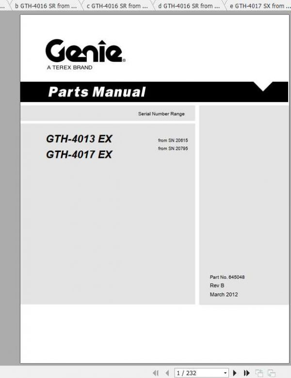 Genie Telehandler GTH 4016 GTH 4017 GTH 4018 GTH 4020 Parts Manuals 2