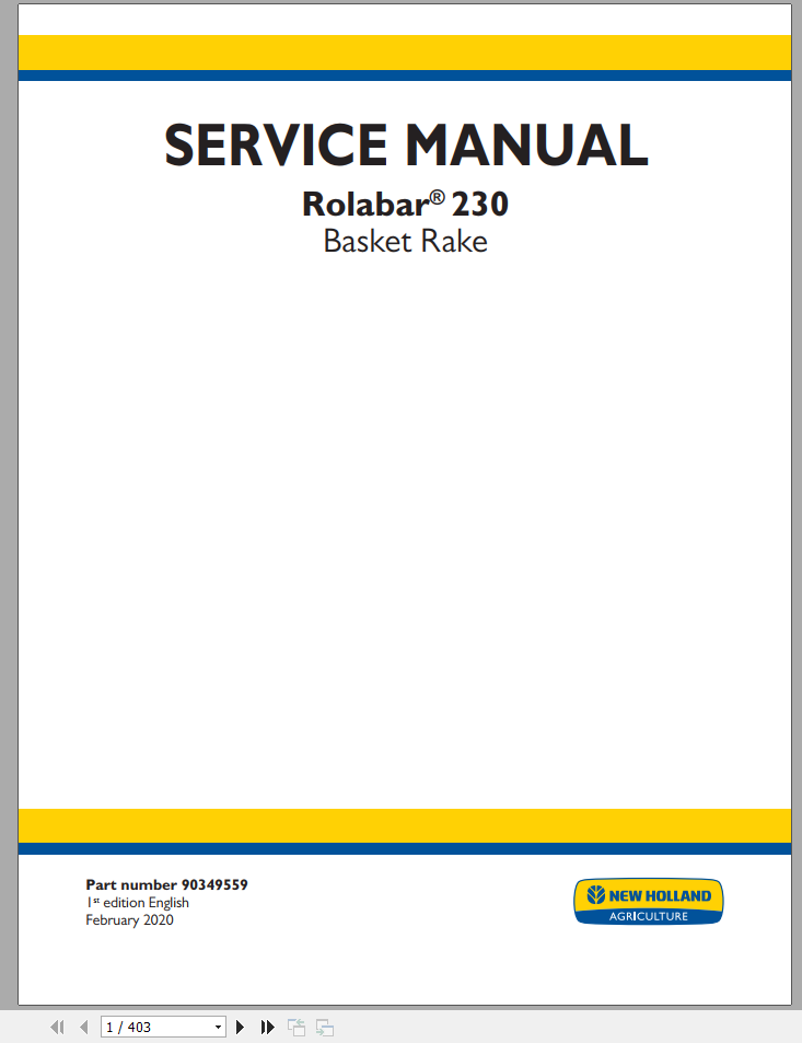 New Holland Basket Rake Rolabar 230 Service Manual90349559 1