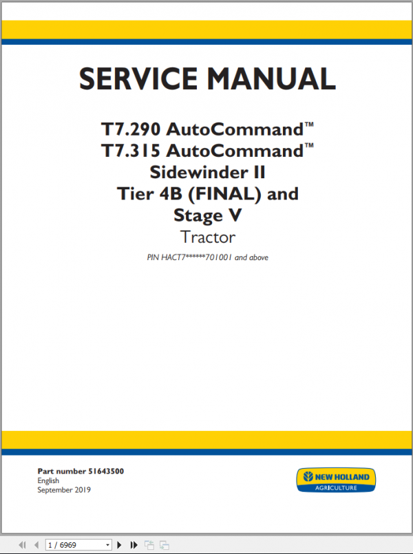 New Holland Sidewinder II Tractor T7275 T7290 T7315 AutoCommand Service Manual51643500 1
