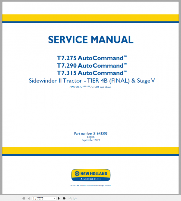 New Holland Sidewinder II Tractor T7275 T7290 T7315 AutoCommand Service Manual51643503 1