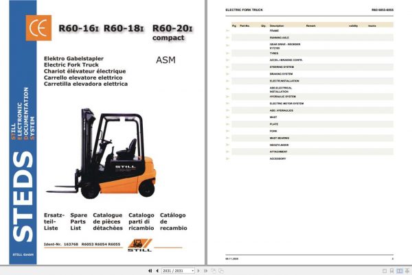 Still Electric Forklift Truck R60 16I 18I 20I compact Spare Parts Lists 1