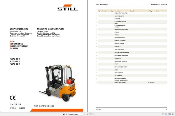 Still LPG Forklift Truck RX70 16T 18T 20T 7314 7316 Spare Parts List 1