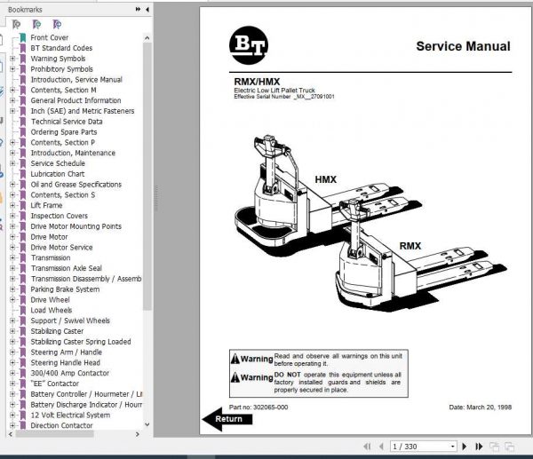 BT Electric Low Lift Pallet Truck HMX RMX Shop Manual 2