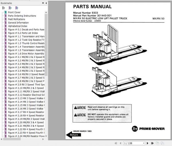 BT Electric Low Lift Pallet Truck MX50 RX50 Operator Part Manuals 1