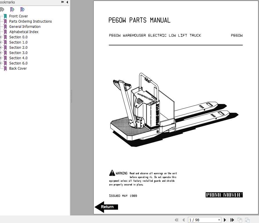 BT Electric Low Lift Truck PE60W Operator Part Manual 1