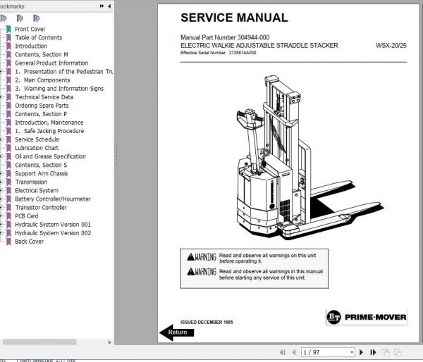 BT Electric Reach Stacker Truck WRX 20 25 Shop Manual 2 1