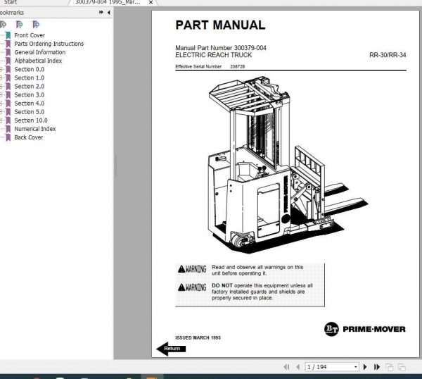 BT Electric Reach Truck RR 30 RR 34 Part Manual 1