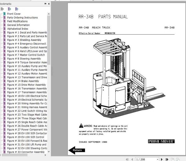BT Electric Reach Truck RR34B Operator Part Manual 1