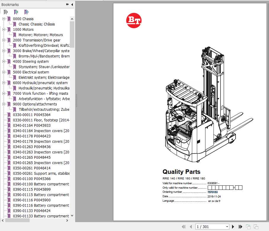 BT Electric Reach Truck RRE 140 RRE 160 RRE180 Quality Parts Catalog 1