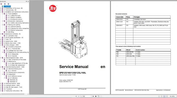 BT Forklift SPE 125 160 135S 125L 160L Service Manual 218367 040 1