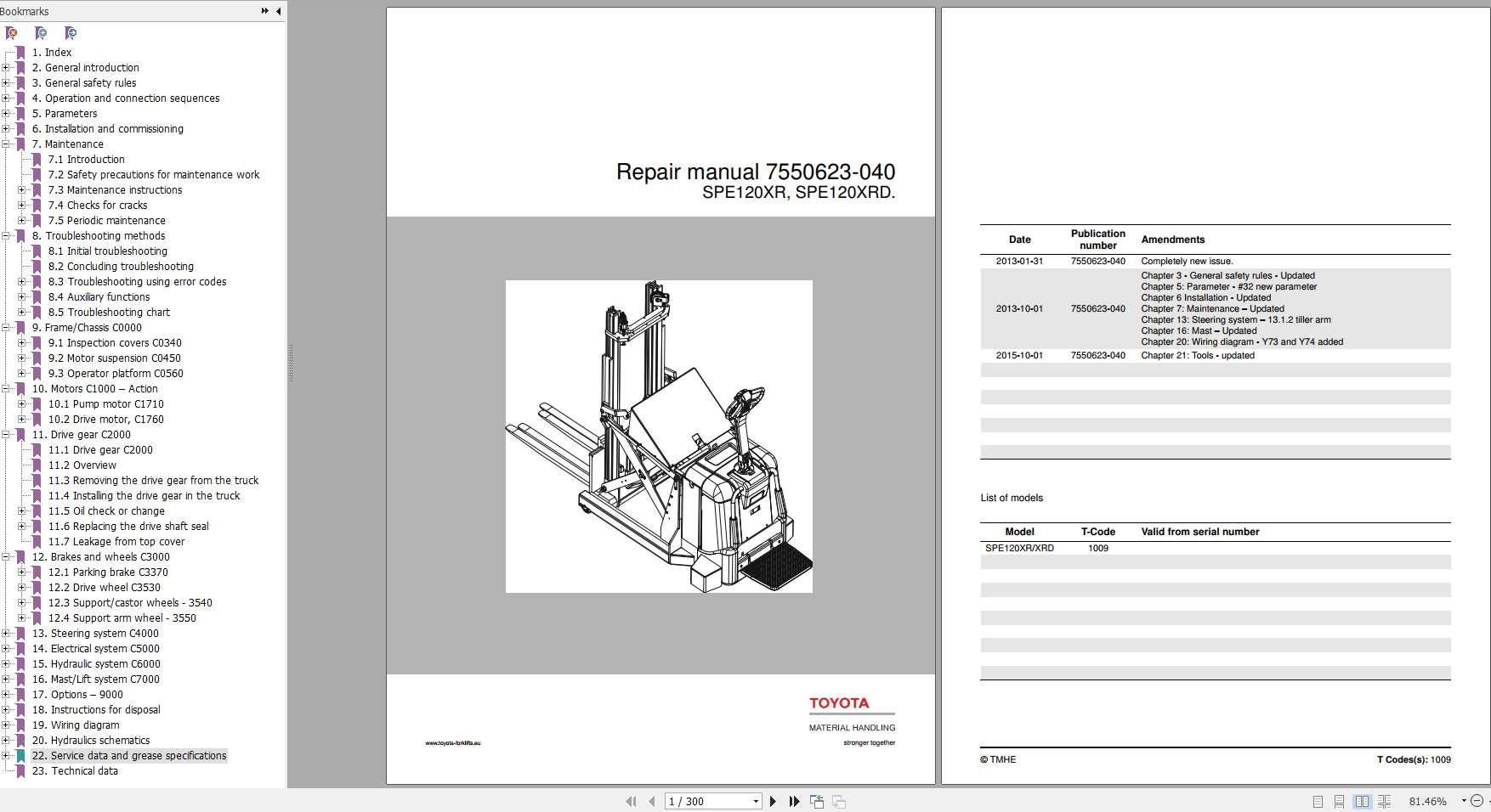 BT Forklift SPE120XR XPE120XRD Repair Manual 7550623 040 1