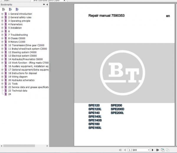 BT Pallet Stacker SPE 120 SPE 200 Repair Manual 1