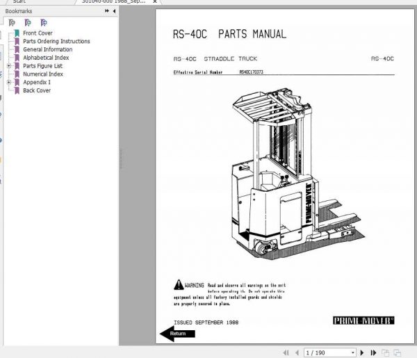 BT Straddle Truck RS40C Operator Part Manual 1