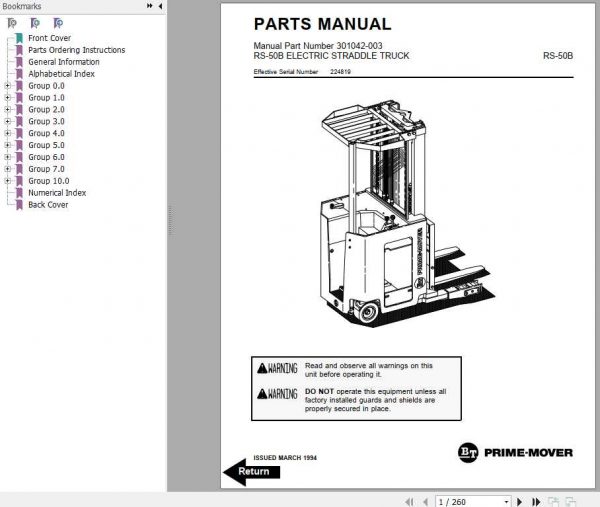 BT Straddle Truck RS50B Operator Part Manual 1