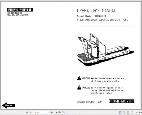 BT Warehouse Electric Low Lift Truck HT80 W Operator Parts Manuals 1