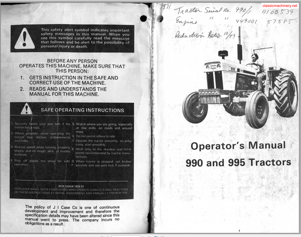 Case Tractor 990 995 Operators Manual 2