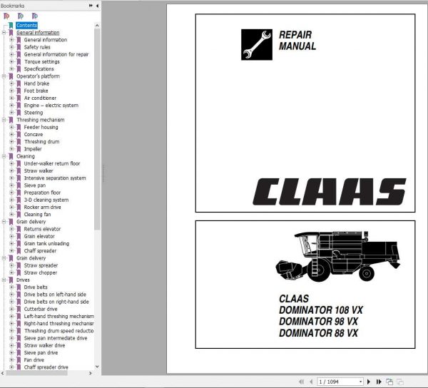 Claas Combine Harvester DOMINATOR 108 98 88 VX Repair Manual 1