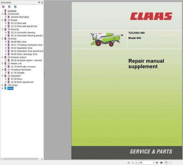 Claas Combine Harvester TUCANO 450 Model 840 Repair Manual Supplement 1