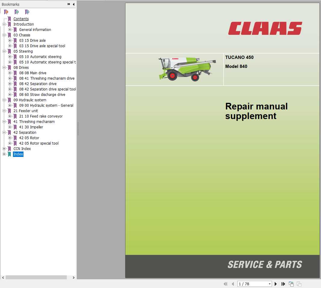 Claas Combine Harvester TUCANO 450 Model 840 Repair Manual Supplement 1