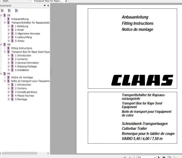 Claas Combines Cutterbar Trailer VARIO 540 600 750 m Fitting Instruction 1