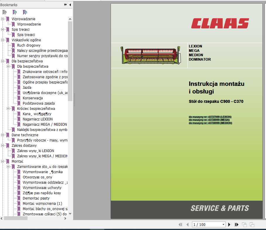 Claas Combines LEXION MEGA MEDION DOMINATOR C900 C370 Fitting Instruction PL 1