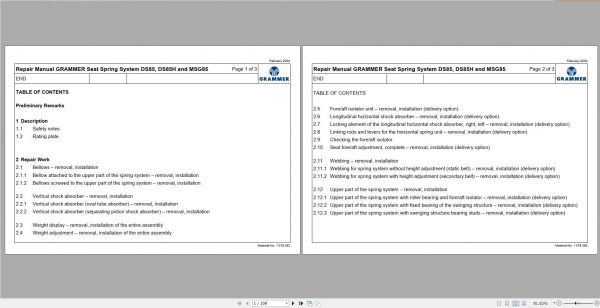 Claas GRAMMER Seat Spring System DS85 DS85H and MSG85 Repair Manual 1