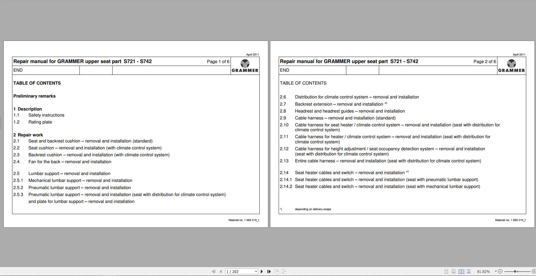 Claas GRAMMER upper seat part S721 S742 Repair Manual 1