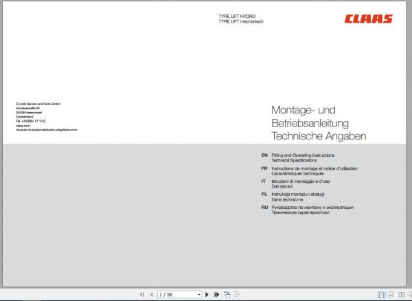 Claas Miscellaneous Tyre Lift Hydro Tyre Lift mechanical Operators Manual 1